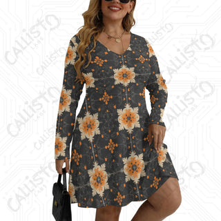 Women’s V-neck Long Sleeve Dress Black with Orange Geometric Snowflake Design