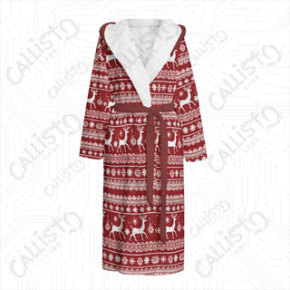 Red Festive Deer Pattern Hooded Bathrobe | Unisex Flannel Holiday Loungewear - S