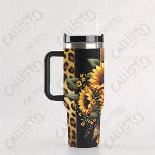 40 oz Stainless Steel Tumbler Black with Sunflowers and Leopard Print Tumbler with Leak-Proof Lid Straw & Handle - 40OZ