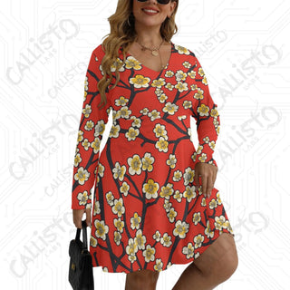 Women’s V-neck Long Sleeve Dress Red with White Cherry Blossom Design