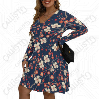 Women’s V-neck Long Sleeve Dress Navy with Cherry Blossom Design