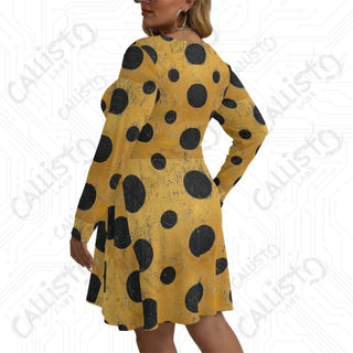 Women’s V-neck Long Sleeve Dress Yellow with Black Polka Dot Design - L