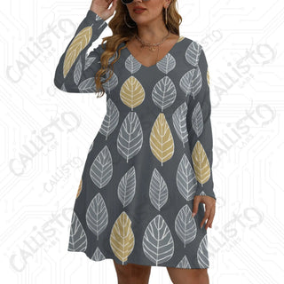 Women’s V-neck Long Sleeve Dress with Multi-color Leaf Design