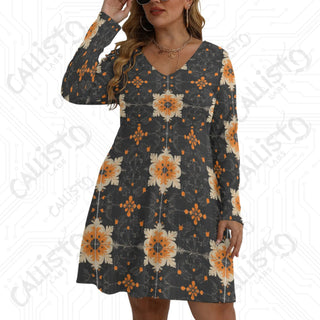 Women’s V-neck Long Sleeve Dress Black with Orange Geometric Snowflake Design - L