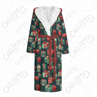 Green Christmas Presents Hooded Bathrobe | Festive Unisex Flannel Holiday Loungewear - S