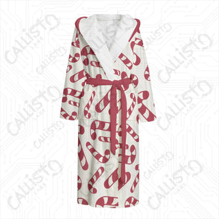 Candy Cane Peppermint Pattern Hooded Bathrobe | Festive Unisex Flannel Holiday Loungewear - S