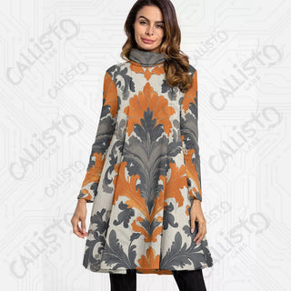 Women’s High Neck Long Sleeve Dress with Orange and Grey Design