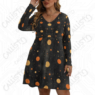 Women’s V-neck Long Sleeve Dress Distressed Black with Orange Polka Dots