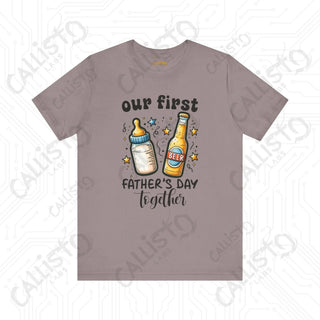 Men’s ’Our First Father’s Day Together’ Shirt: Celebratory Tee with Beer and Baby Bottle Graphic - Perfect Gift