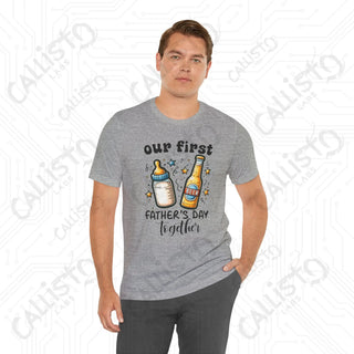 Men’s ’Our First Father’s Day Together’ Shirt: Celebratory Tee with Beer and Baby Bottle Graphic - Perfect Gift