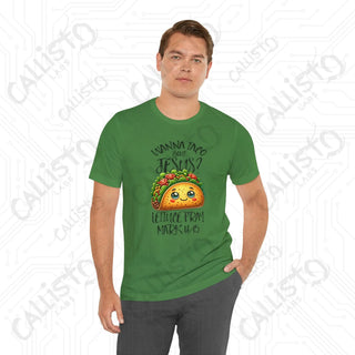 Men’s Funny ’Wanna Taco Bout Jesus Lettuce Pray’ Religious Shirt Humorous Christian Tee with Mark 16:15 Quote