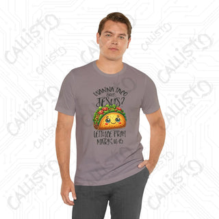 Men’s Funny ’Wanna Taco Bout Jesus Lettuce Pray’ Religious Shirt Humorous Christian Tee with Mark 16:15 Quote