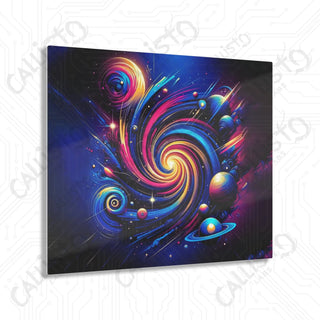 Colorful spiral painting with planets and stars, Celestial Whirl Acrylic Panel Art - Callisto Labs Original Galactic Print