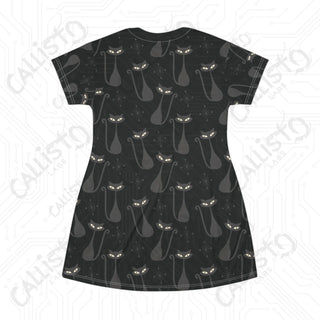 Women’s Gothic T-Shirt Dress - Black Cat Design: Dark and Stylish Apparel for Alternative Fashion Enthusiasts