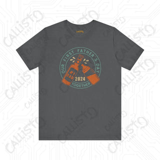 Men’s ’Our First Father’s Day Together 2024’ Dad Graphic Shirt: Fatherhood Beer and Baby Bottle Design