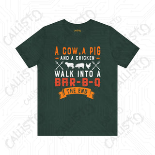 Men’s ’A Cow a Pig and a Chicken Walk into a BBQ’ Dad Joke Shirt: Hilarious BBQ Humor Tee for Dads and Grill