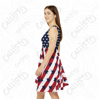 Women’s 4th of July American Skater Dress - USA Patriotic Independence Day Dress with Flag and Stars Design - All