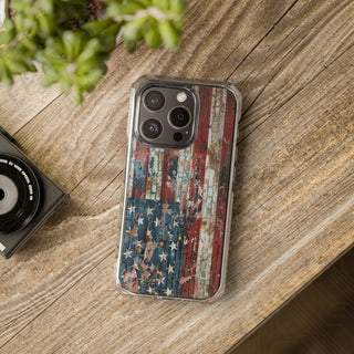 Distressed American Flag Magnetic Clear Impact Case for iPhone 14 & 15 - MagSafe® Compatible - iPhone 15 Pro - Phone