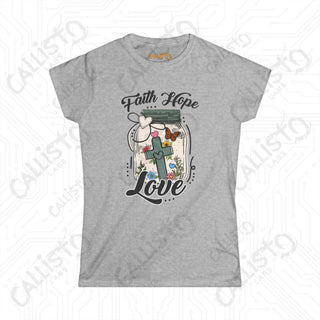 Women’s Softstyle Tee ’Faith Love Hope’ with Cross in Mason Jar Inspirational Christian Shirt for Women - Sport