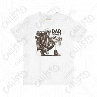 Men’s ’Dad Goals’ Horror Hiking Skeleton with Map Graphic Shirt: Perfect Gift for Adventure-Loving Dads - White