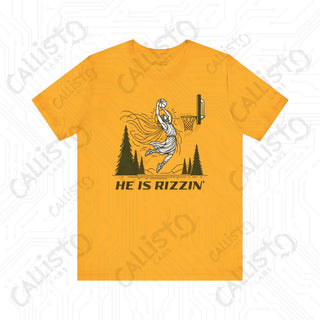 Men’s Funny ’He is Rizzin’’ Basketball Jesus Dunk Tee: Humorous Sports Shirt for Basketball Fans - Gold / XS - T-Shirt