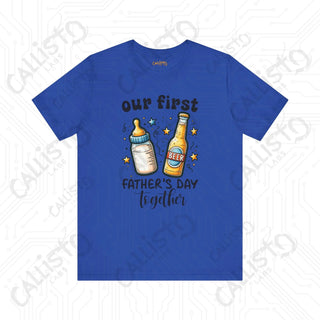 Men’s ’Our First Father’s Day Together’ Shirt: Celebratory Tee with Beer and Baby Bottle Graphic - Perfect Gift