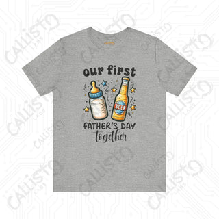 Men’s ’Our First Father’s Day Together’ Shirt: Celebratory Tee with Beer and Baby Bottle Graphic - Perfect Gift