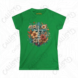 Empowering Women’s ’Faith’ Softstyle Tee with Floral Design and Cross - Inspirational Apparel for Her - Irish