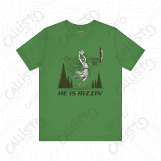 Men’s Funny ’He is Rizzin’’ Basketball Jesus Dunk Tee: Humorous Sports Shirt for Basketball Fans - Leaf / XS - T-Shirt