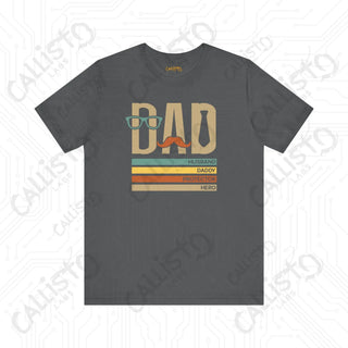 Men’s Graphic Shirt ’DAD: Husband Daddy Protector Hero’ with Mustache and Glasses Design Stylish Tee for Fathers