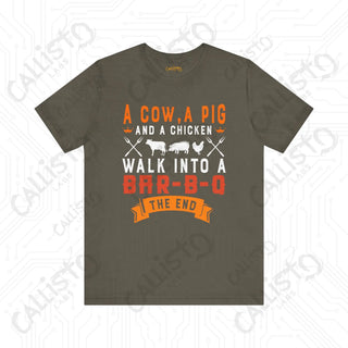 Men’s ’A Cow a Pig and a Chicken Walk into a BBQ’ Dad Joke Shirt: Hilarious BBQ Humor Tee for Dads and Grill