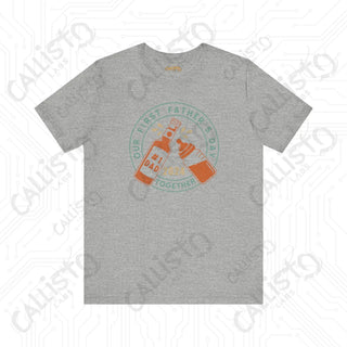 Men’s ’Our First Father’s Day Together 2024’ Dad Graphic Shirt: Fatherhood Beer and Baby Bottle Design