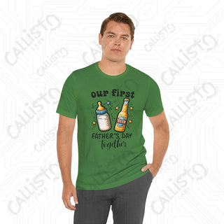 Men’s ’Our First Father’s Day Together’ Shirt: Celebratory Tee with Beer and Baby Bottle Graphic - Perfect Gift