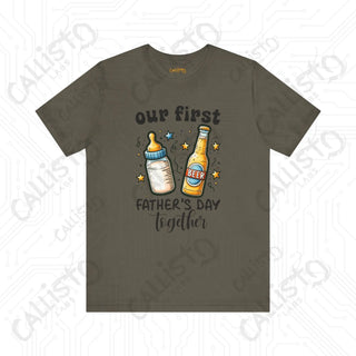 Men’s ’Our First Father’s Day Together’ Shirt: Celebratory Tee with Beer and Baby Bottle Graphic - Perfect Gift