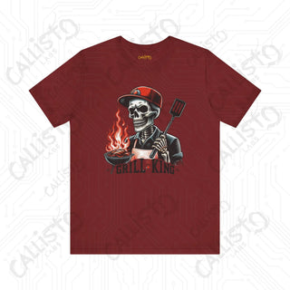 Men’s Funny ’Grill King’ Horror Skeleton Dad Graphic Shirt: Humorous BBQ Apparel for Grill Masters and Dads