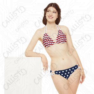 Women’s July 4th Strappy Bikini - American Flag Design with Stars and Stripes: Perfect Patriotic Swimwear for