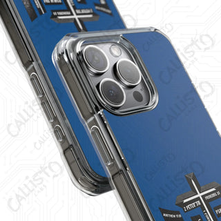 Blue FAITH Bible Scripture Magnetic Clear Impact Case for iPhone 14 & 15 - MagSafe® Compatible - Phone Case