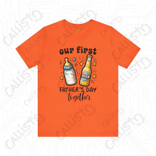 Men’s ’Our First Father’s Day Together’ Shirt: Celebratory Tee with Beer and Baby Bottle Graphic - Perfect Gift