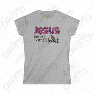 Women’s Softstyle Tee ’Jesus Touched My Heart’ with Floral Design Inspirational Christian Shirt for Women - Sport