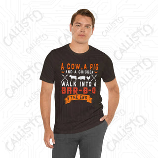 Men’s ’A Cow a Pig and a Chicken Walk into a BBQ’ Dad Joke Shirt: Hilarious BBQ Humor Tee for Dads and Grill