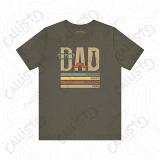 Men’s Graphic Shirt ’DAD: Husband Daddy Protector Hero’ with Mustache and Glasses Design Stylish Tee for Fathers