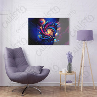 Modern living room with purple chair and large painting - Celestial Whirl Acrylic Panel Art from Callisto Labs