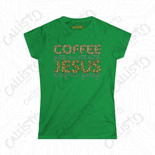 Coffee Gets Me Started but Jesus Keeps Me Going - Women’s Softstyle Tee Inspirational Christian Shirt Funny Coffee