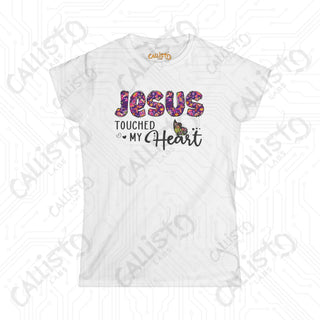 Women’s Softstyle Tee ’Jesus Touched My Heart’ with Floral Design Inspirational Christian Shirt for Women - White