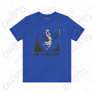 Men’s Funny ’He is Rizzin’’ Basketball Jesus Dunk Tee: Humorous Sports Shirt for Basketball Fans - True Royal