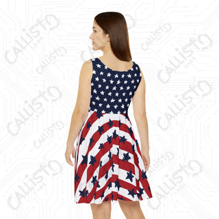 Women’s 4th of July American Skater Dress - USA Patriotic Independence Day Dress with Flag and Stars Design - All