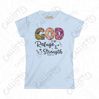 Women’s Softstyle Tee ’God is My Refuge and Strength’ Psalm 46:1 with Cross in Mason Jar Design Inspirational