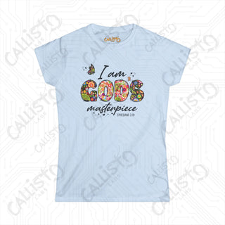 Women’s Softstyle Tee ’I Am God’s Masterpiece’ Ephesians 2:10 with Floral Design Inspirational Christian Shirt