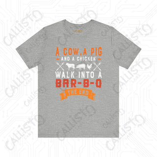 Men’s ’A Cow a Pig and a Chicken Walk into a BBQ’ Dad Joke Shirt: Hilarious BBQ Humor Tee for Dads and Grill