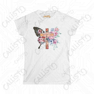 Women’s Softstyle Tee - ’Faith’ Floral Butterfly Design Font Shirt: Inspirational Christian Clothing for Women